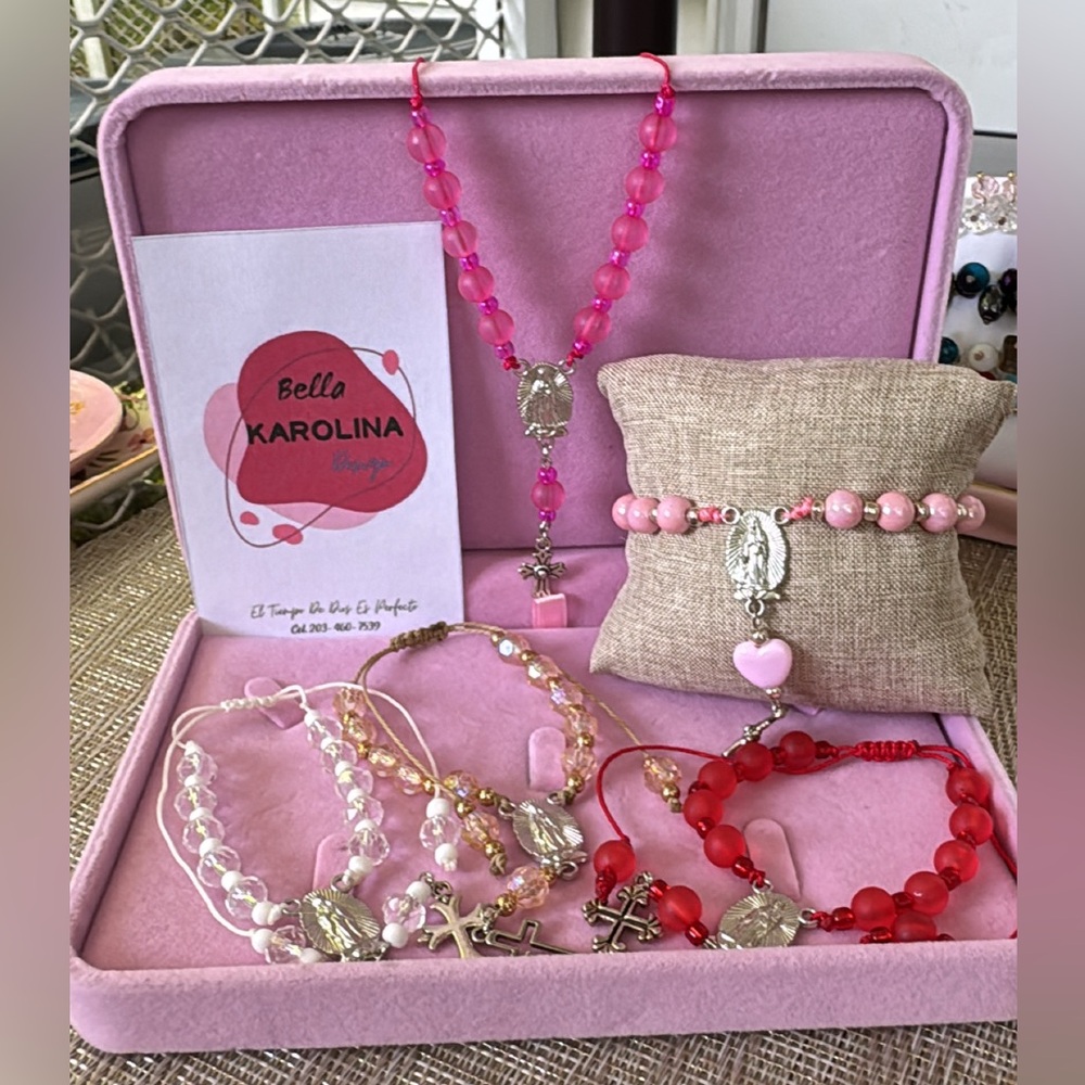 Pink and Red Beaded Rosary Set